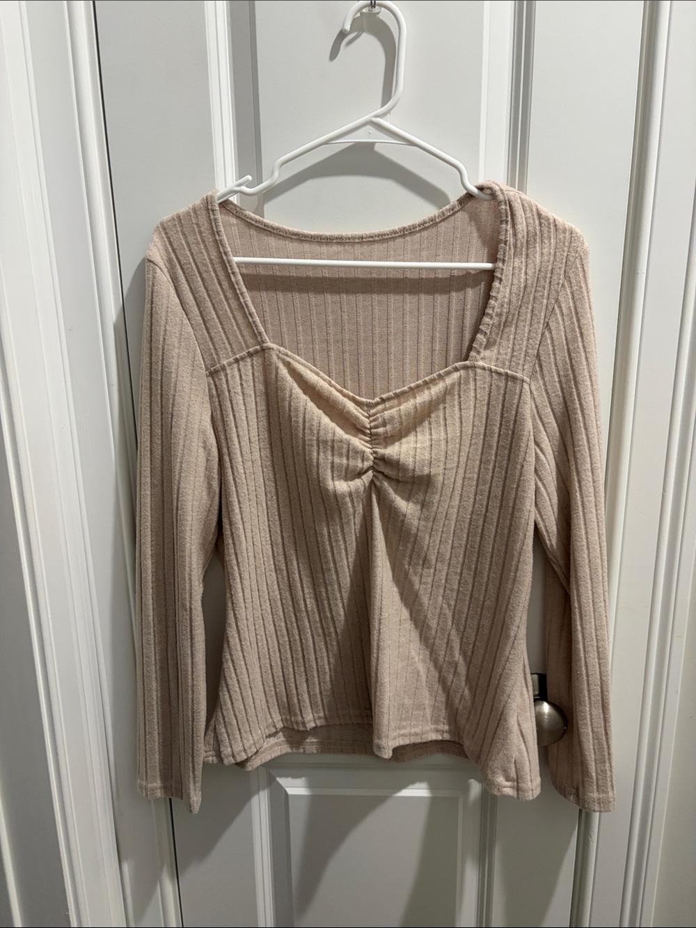 Women's Ribbed Long-Sleeve Top with Front Twisted Detail - Beige